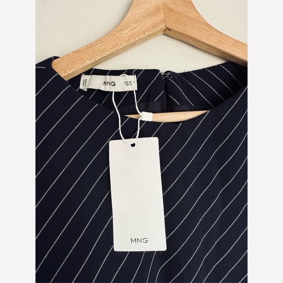 NWT • Mango • Navy Pinstripe Draped Sheath Dress in Navy Blue - Picture 6 of 7